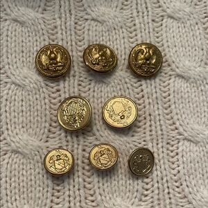 Gold Decorative Metal Buttons. Crest. Lot of 8 in 3 different sizes/designs